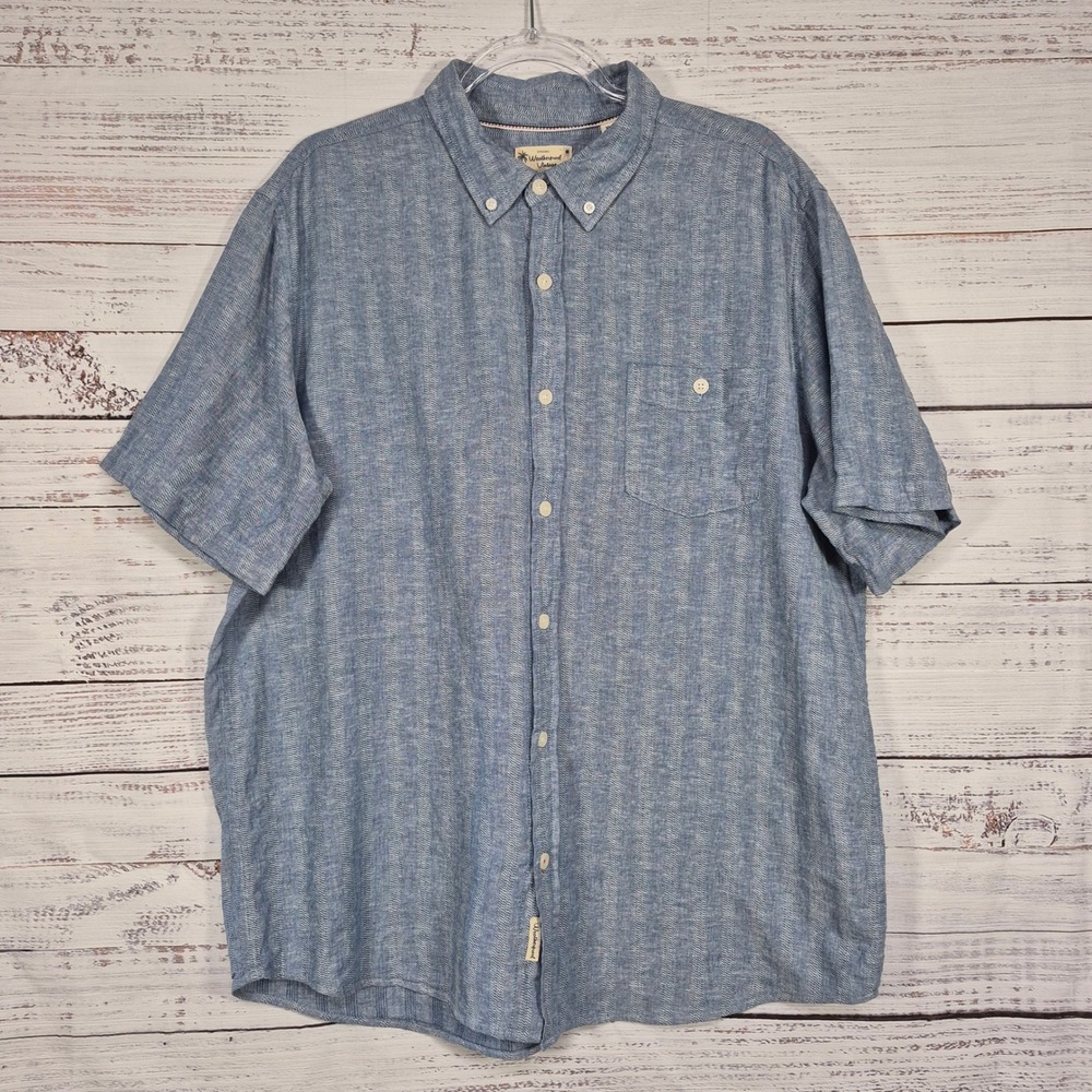 Weatherproof Vintage Mens XL Blue Herringbone Linen Cotton Short Sleeve Shirt